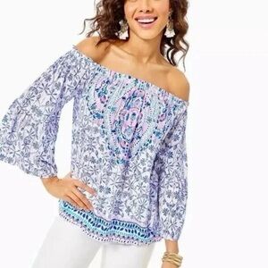 Lilly‎ Pulitzer Nevie Bare Shoulder Blouse Top, White/Blue/Pink, Size S, NWT